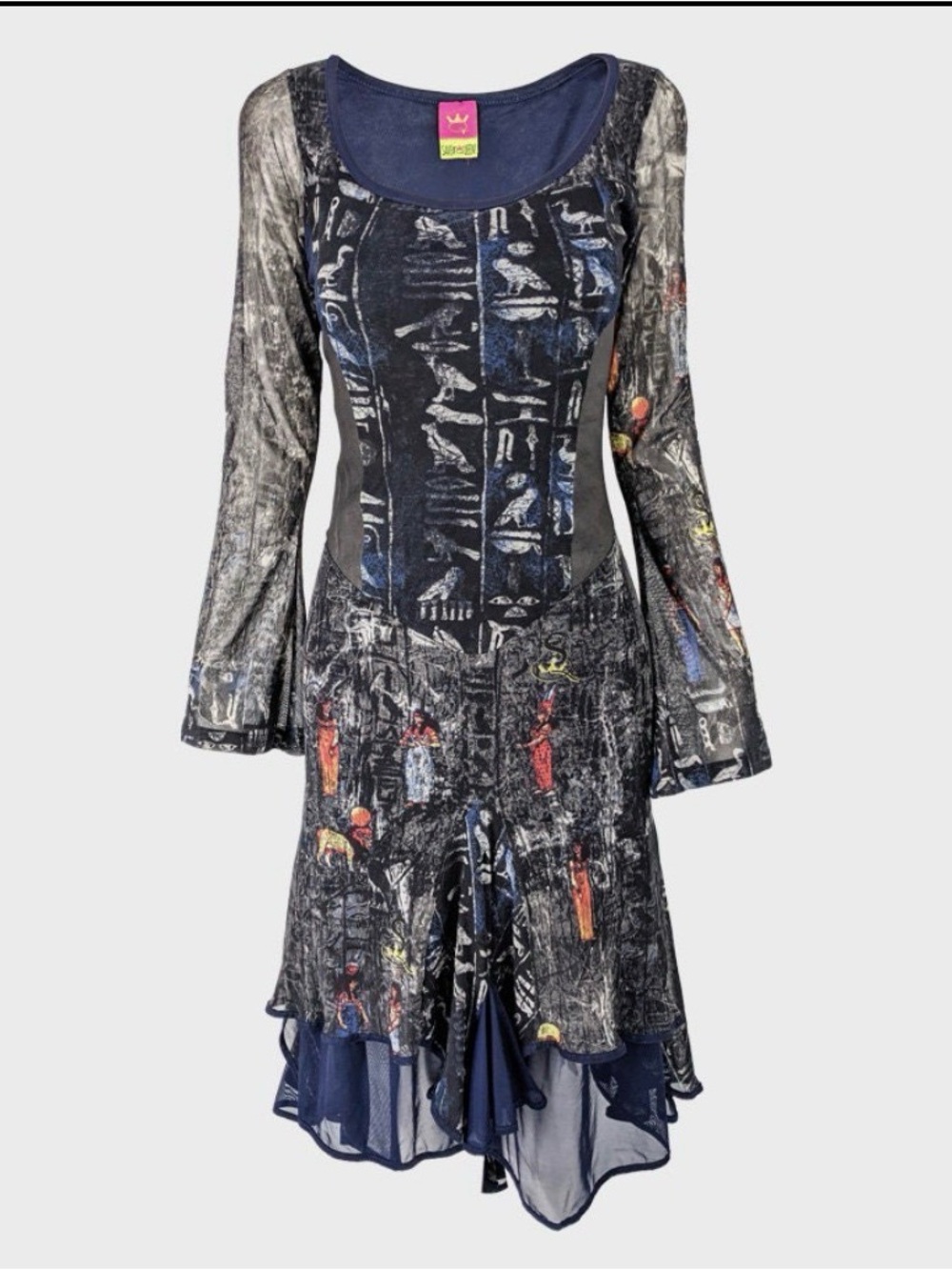 Save the Queen! Italian Mesh Dress Egyptian Hieroglyphic Print Asymmetrical Hem - Picture 2 of 11